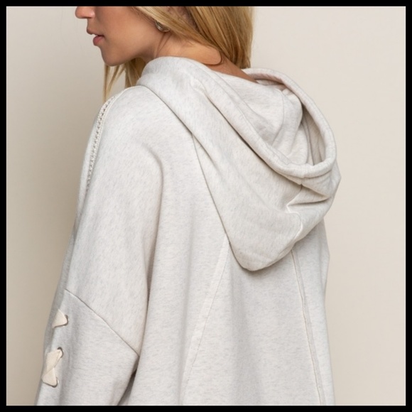 POL “Urban Chic” French Terry Hoodie Top Criss Cross Laces Down Sleeves Raw Hem - Picture 7 of 16